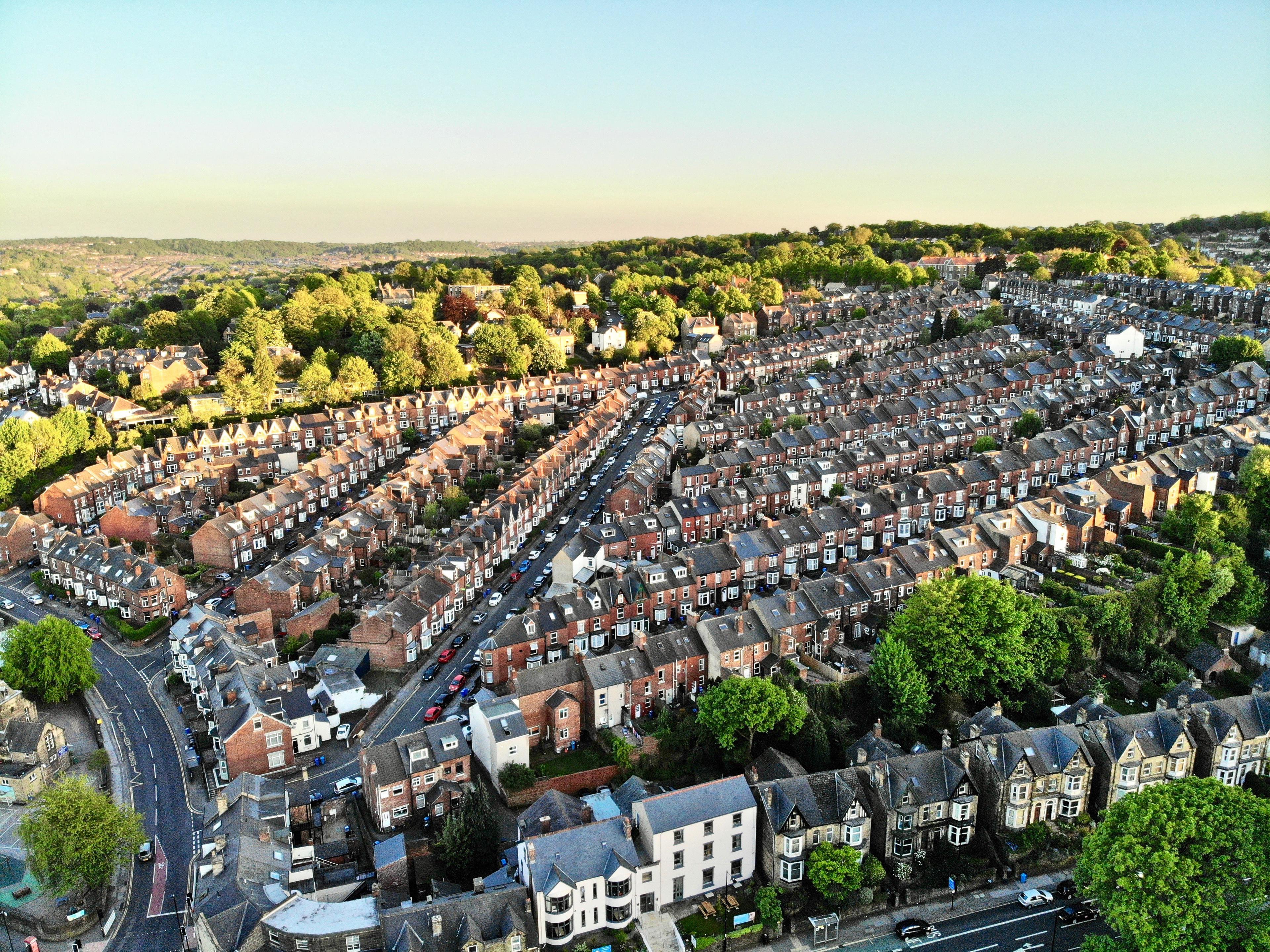 High-angle photograph of neat rows of houses in Sheffield